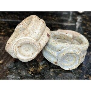 Artisan Handmade Pottery Napkin Rings Stoneware Set of 2 Blue Beige Ceramic